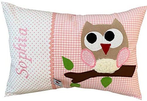 Glückspilz Namenskissen Babykissen I Eule I mit Namen personalisiert I Geschenk zu Geburt, Taufe oder Geburtstag (Rosa)