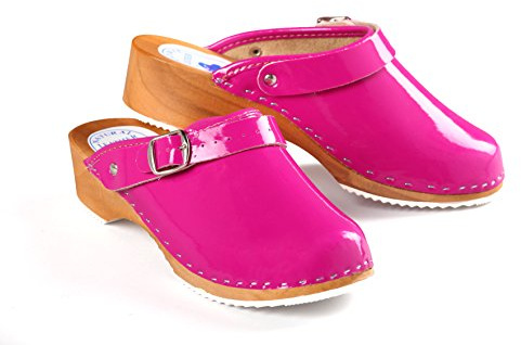 Aves-24 Clogs Pantolette Sandalette Holz + Leder Holzclogs Gr. 36-41 Holzschuhe (36, Rosa)