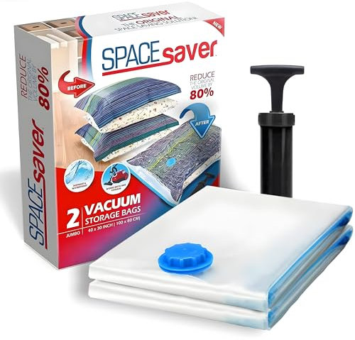 Spacesaver Bolsas de vacio ropa Premium, 80% Más de Almacenamiento, Bomba para Viajes, Sello de doble cierre y válvula turbo con triple sellado, Bolsas Vacío Ahorro de Espacio-Extra Grandes 2 Piezas