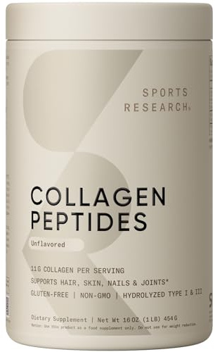 Sports Research Collagen Peptides - Hydrolyzed Type 1 & 3 Collagen Powder Protein Supplement for Healthy Skin, Nails, & Joints - Easy Mixing Vital Nutrients & Proteins, Collagen for Women & Men