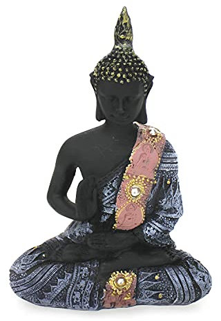 TEMPELWELT® Deko Figur Buddha Statue Amoghasiddhi sitzend 15 cm, Polystein schwarz alt-rosé, Dhyani-Buddha Dekofigur Thai Buddha Statue Buddhafigur