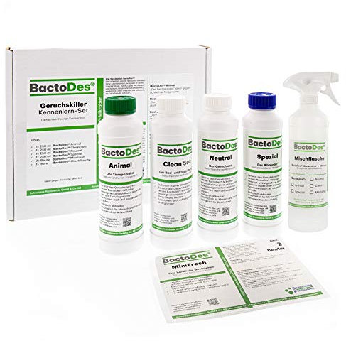 BactoDes Geruchskiller-Kennenlern-Set I 5 Spezialreiniger mit Mikroorganismen für porentiefe & nachhaltige Geruchsbeseitigung I Für Haushalt, Tierbereich, Auto & mehr I Inkl. Mischflasche & MiniFresh