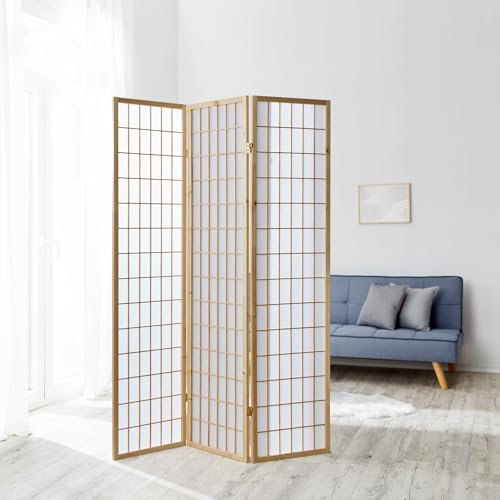 Homestyle4u 68, Paravent Raumteiler 3 teilig Holz Natur Sichtschutz Raumtrenner Reispapier Weiß Höhe 175 cm
