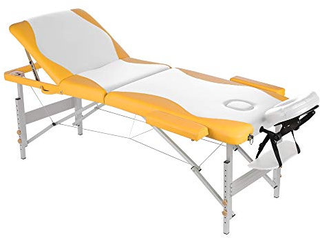 Melko Mobile Massageliege Aluminium Behandlungsliege höhenverstellbar Therapieliege Massagetisch klappbar Weiß/Gelb