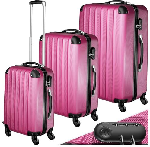 TecTake® Set Valigie Trolley Rigide, 3 Pezzi, Grande, Medio, Bagaglio a Mano, Ruote Girevoli a 360°, Struttura ABS Robusta, Maniglie Telescopiche in Alluminio - Rosa fucsia