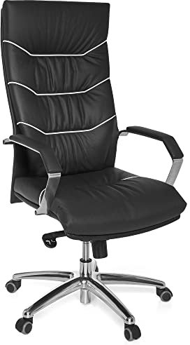 FineBuy Bürostuhl Echt-Leder schwarz Schreibtischstuhl, Chefsessel mit Kopfstütze & Multiblockmechanik, Design Drehstuhl verstellbar, Schreibtisch-Stuhl hohe Rückenlehne