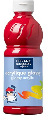 Lefranc Bourgeois 188296 Glossy Kinder - Acrylfarbe, gebrauchsfertige flüssige Acrylfarbe, glänzend und wasserfest, Ideal auf Papier, Karton, Holz, Gips, Metall, Plastik, 500ml Flasche - Primärrot