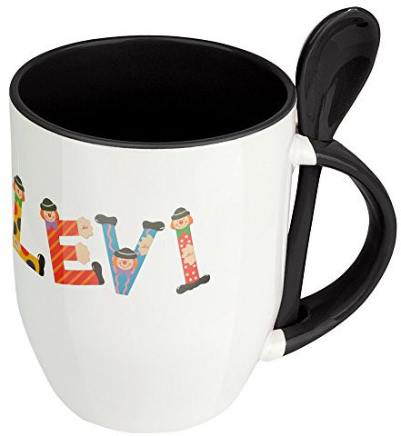 Namenstasse Levi - Löffel-Tasse mit Namens-Motiv Holzbuchstaben - Becher, Kaffeetasse, Kaffeebecher, Mug - Schwarz