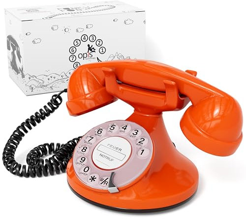 Opis FunkyFon Cable : Das Nostalgie Retro Telefon mit Wählscheibe - Nachbau von klassischem Vintage Wählscheibentelefon im geschwungenem 1920er Stil mit elektronischer Klingel (orange)