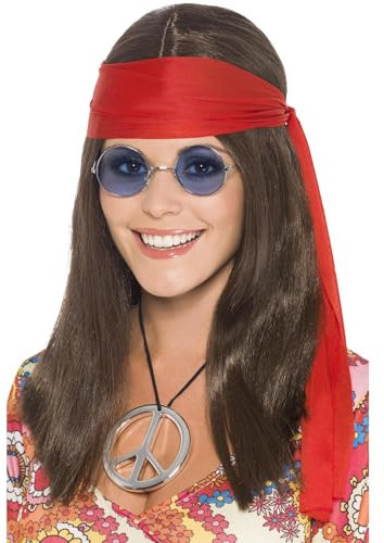 Hippie Set mit Perücke, Brille, Peacekette und Stirnband