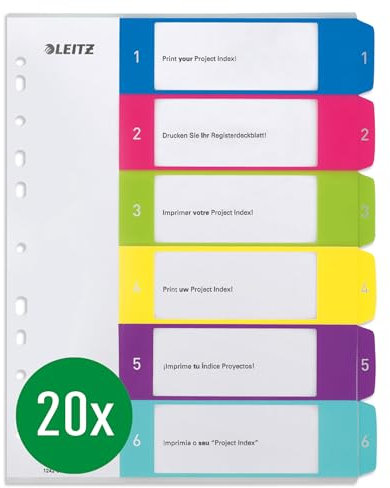 Leitz Register für A4, 20er Pack, PC-beschriftbares Deckblatt und 6 Trennblätter, Taben mit Zahlenaufdruck 1-6, Überbreite, Mehrfarbig, Polypropylen, WOW, 12420000