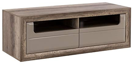 Tv Schrank Tiziano TZT12, Fernsehenschrank, Lowboard, Unterschrank mit 2 Schubkästen (Antik Eiche/Beige Hochglanz)