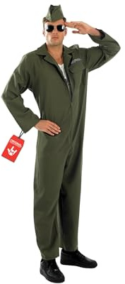 Fun Shack, Pilot Costume Adult, Halloween Costumes for Men | Khaki Green Military Style Jumpsuit with Zipper Closure, Matching Hat Included, Perfect for Halloween, Great for Fancy Dress