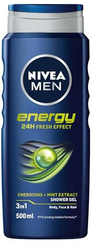NIVEA MEN Energy Shower Gel (500 ml), Moisturising 3-in-1 Body Wash for Men with Mint Extract, Invigorating and Energising NIVEA MEN Shower Gel