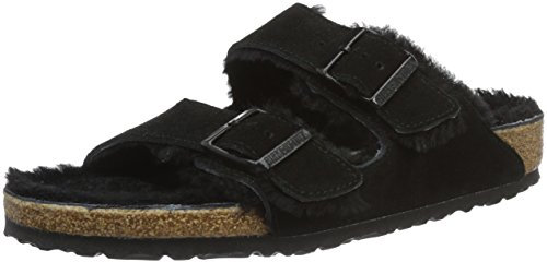 Birkenstock Classic Unisex-Erwachsene Arizona Lammfell Pantoletten, Schwarz (Schwarz)