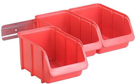 hünersdorff 656600 Sichtboxen-Set: 1x Kunststoffschiene plus 3 x Lagerboxen der Größe 3, Wandhalter inkl. Aufbewahrungsboxen für Regalsystem, Rot, 3 x größe 3