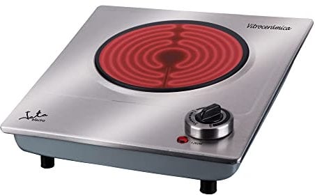Jata V531 Cocina Eléctrica Vitrocerámica 1 Fuego con Una Placa de 18 cm, Cuerpo de Acero Inoxidable, Termostato Regulable de Temperatura, 1200 W