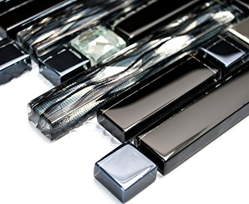Mosaik Verbund Crystal/Edelstahl mix schwarz/Glas Metall Mix Fliesenspiegel, Mosaikstein Format: 15x48/98/148x8 mm, Bogengröße: 60 x 100 mm, 1 Handmuster ca. 6x10 cm
