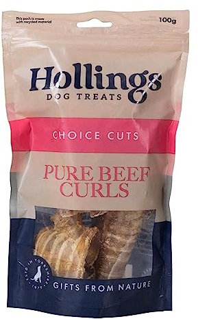 Hollings Beef Curls Dog Treats, All Natural Grain Free & Easily Digestible Air Dried Treats for Adult Dogs, Made From 100% Beef Trachea, 100 g