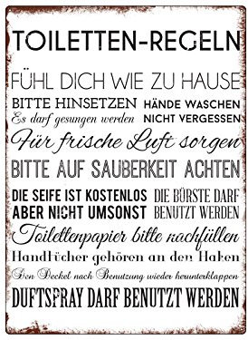 WANDSCHILD Metallschild TOILETTEN REGELN Lustig Dekoschild Badregeln Schild für das Gäste WC