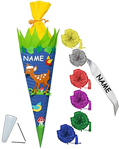 alles-meine.de GmbH BASTELSET Schultüte - REH Kitz & Glückspilze - 85 cm - incl. individueller Schleife + Name - mit/ohne Kunststoff Spitze - Zuckertüte - Set zum selber Ba..