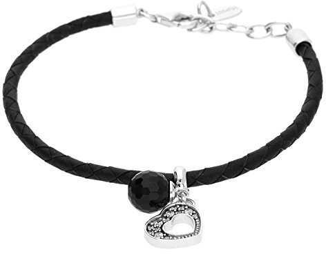 Esprit Damen-Armband passion special black 925 Sterlingsilber Leder schwarz 13 Zirkonia farblos 1 Glasperle weiß ca. 17+3 cm S.ESBR91096A170