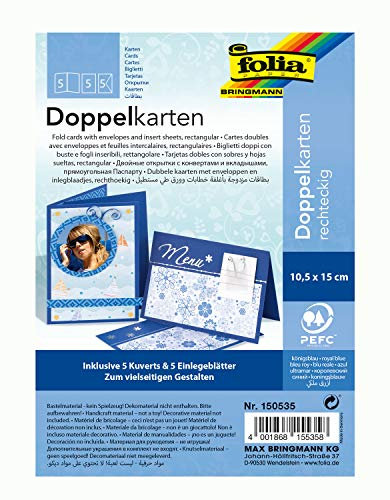 folia 150535 - Doppelkarten ca. 10,5 x 15 cm, je 5 Karten (220 g/qm), Kuverts und Einlagen, königsblau - ideal für Einladungen, Glückwunsch- oder Grußkarten