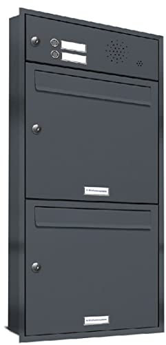 AL Briefkastensysteme, 2er Unterputzbriefkasten mit Klingel in Anthrazit Grau RAL 7016, 2 Fach wetterfeste Briefkastenanlage Doppel-Briefkasten Design modern