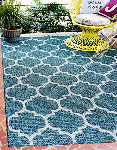 Unique Loom Outdoor Trellis Collection Area Rug (7' 1 x 10' Rectangle, Teal/ Gray)