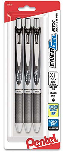 Pentel EnerGel RTX Retractable Liquid Gel Pen, (0.3mm) Needle Tip, Extra Fine Line, Black Ink, 3-Pk (BLN73BP3A)