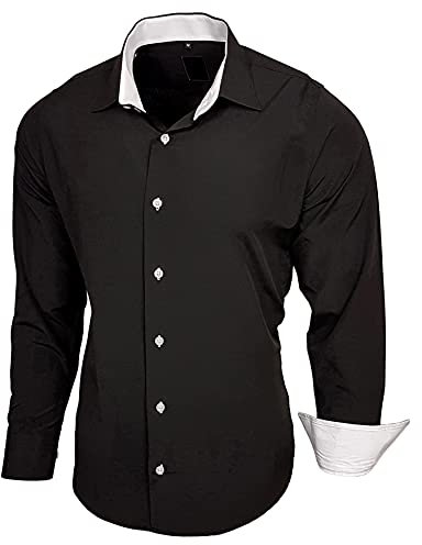 Baxboy Herren-Hemd Slim-Fit Bügelleicht Für Anzug, Business, Hochzeit, Freizeit - Langarm Hemden für Männer Langarmhemd R-44, Farbe:Schwarz/Weiß, Größe:S