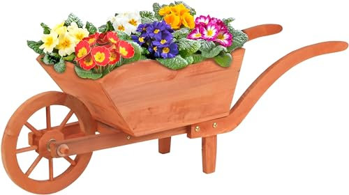 BURI Pflanzschubkarre Blumenkarre aus Massiv Holz 100 cm - Pflanzkarre Schubkarre zum bepflanzen als Gartendeko - Holz Pflanzkasten für Garten Terrasse, braun