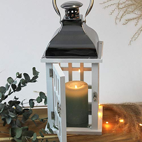 Holz Laterne mit Metalldach 32x15x15 cm Gartenlaterne Holzlaterne Windlicht mit Henkel Holzgestell mit Glasfenstern Kerzenhalter Gartenbeleuchtung Dekoration