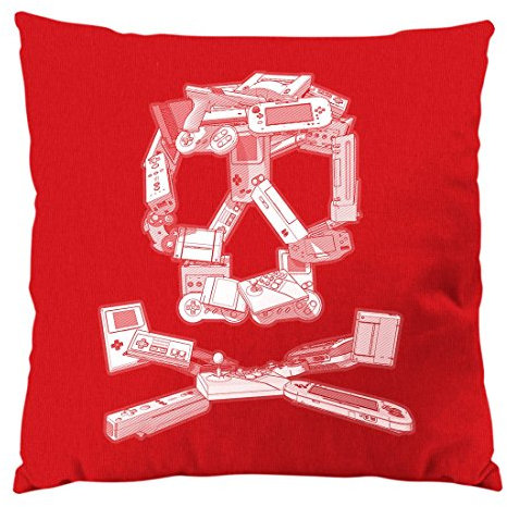 style3 Gamer Totenkopf Kissen mit Füllung 28 x 28 cm Baumwollbezug super Konsole Kart NES SNES, Farbe:Rot
