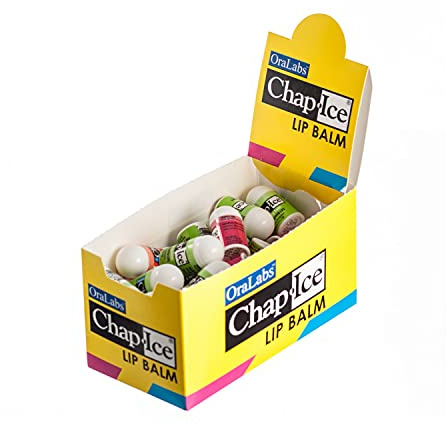 Chap-Ice® | Premium and Traditional Lip Balm for Chapped, Dry, or Windburned Lips | Pocket Size Display with Assorted Flavors - Cherry, Citrus Orange, Kiwi Lime - 50 Mini Sticks (0.10oz/3g)