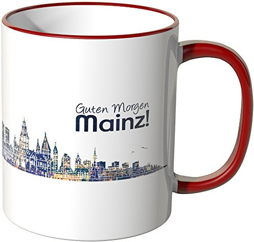 WANDKINGS® Tasse, Schriftzug Guten Morgen Mainz! mit Skyline bei Nacht - ROT