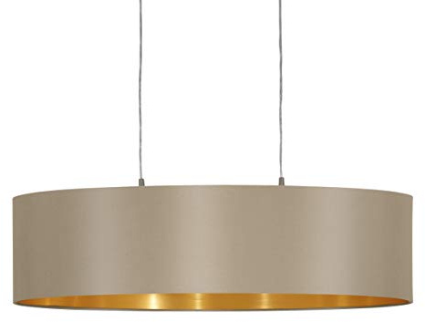 EGLO Pendellampe Maserlo, 2 flammige Textil Pendelleuchte, Hängeleuchte oval aus Stahl und Stoff, Farbe: Nickel matt, taupe, gold, Fassung: E27, L: 78 cm