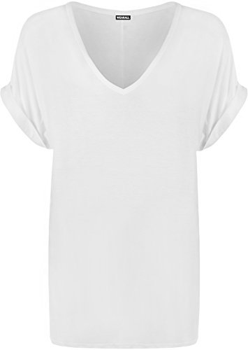 WearAll Women's New Plus Size Womens Short Turn Up Sleeve Baggy Plain Top Ladies V-Neck T-Shirt - White - 16-18
