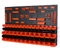30 XS size and 36 S size orange/black storage bins with wall mounted panel