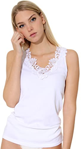 Damen Shirt, Unterhemd Gekämmte Baumwolle mit extra großer Spitze Ohne Seitennaht