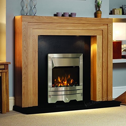 Electric Oak Wood Surround Black Modern Silver Brushed Steel Pebble Coal Fire LED Fireplace Suite Lights Large Big Spotlights - 54