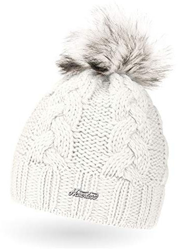 Neverless Damen Strick-Mütze gefüttert mit Kunstfell-Bommel, Winter-Mütze, Bommelmütze, Creme Unisize