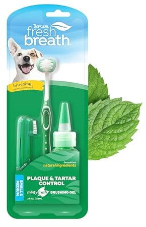 TropiClean Fresh Breath Dog Teeth Cleaning Oral Care Kit - Breath Freshener Dental Care - Complete Dog Toothbrush Kit Small to Medium Dogs - Helps Remove Plaque & Tartar, Small to Medium Dogs, 59ml
