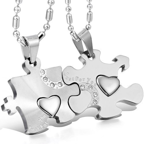 JewelryWe Paar Kette Puzzle Partnerketten: 2 Stück Silber Edelstahl Freundschaftsketten BFF Pärchen Halskette mit Just for You Herz Puzzle Anhänger Valentinstag Liebe Geschenk für sie und ihn
