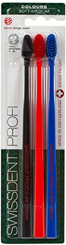 SWISSDENT PROFI COLOURS Zahnbürste, mit medium soften Borsten in patentierter Löffelform, zum Reinigen schwieriger Stellen 3er Pack