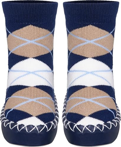 Playshoes Jungen Unisex Kinder Anti-Slip Cotton Socks Stripes Kniestrümpfe, Marine-Karo, 17/18 EU