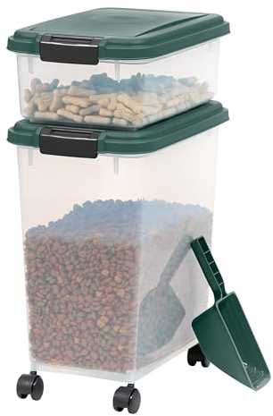 IRIS USA Remington Dog Food Storage Container, 30 lbs, 11 lbs, Airtight, Stackable, Wheels, Food Storage, Treat Box, 2-Cup Scoop