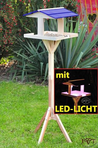 vogelfutterhaus,XXL,mit Licht,DACH BLAU,MIT Beleuchtung,LED-Licht / Vogelhaus,wetterfest IN HELLGRAU LASURLACK,VIERDABLA-BEL-grau002 robust,stabil,PREMIUM Vogelhaus KOMPLETT mit Ständer,futterhaus f