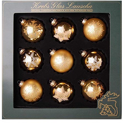 Gold/Satin-Gold, Glaskugelsortiment 8cm, handdekoriert, 9 Stk./Box