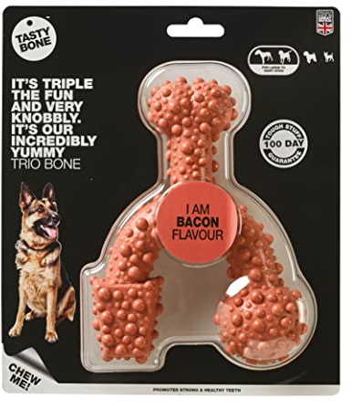 TastyBone TrioBone Nylon Dog Chew Toy for Large Dogs (Bacon) - Indestructible for Aggressive Chewers, Everlasting Flavour, Strong Healthy Teeth, Made in the UK